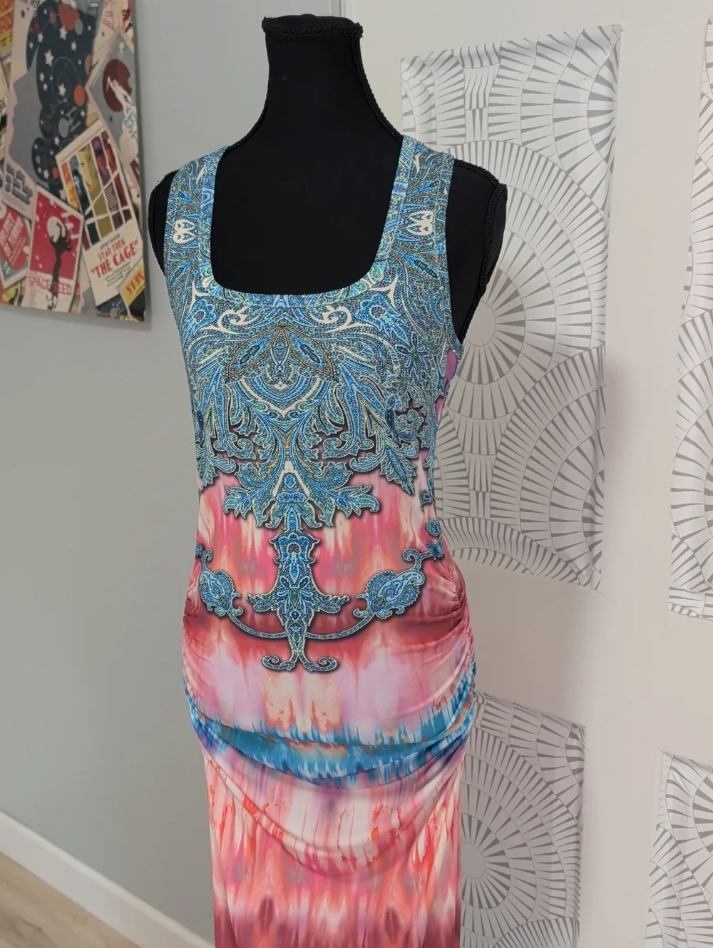 VENUS Blue and Pink Tie-Dye Maxi Dress with Embellished Bodice
